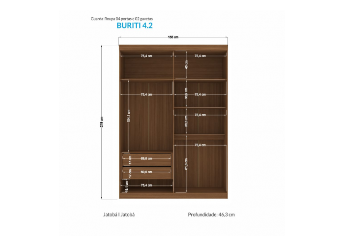 Ropero buruti 4 puertas c/espejo (al 2.20 x an 1.55 x pr 46.3)
